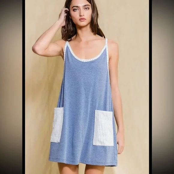 V-neck Mini Dress With Built In Romper Lining- Denim - Picture 1 of 9